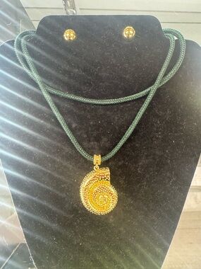 Gold Spiral Pendant Necklace with Green Cord - Unbranded